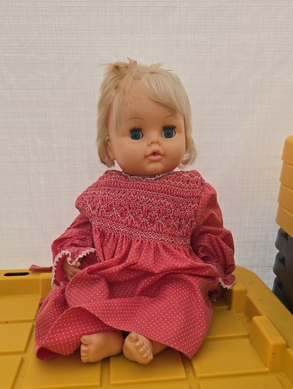 Source Unknown Red Polka Dot Smocked Baby Doll with Blonde Hair